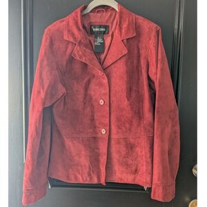 VTG‎ Y2K Brandon Thomas Red Suede Leather Blazer Jacket Womens Sz M Button Front